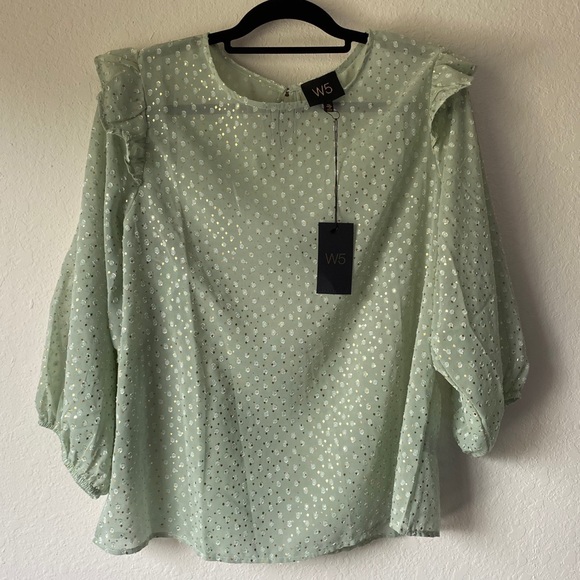 Anthropologie Tops - Anthropologie W5 Mint Sheer Gold Accent Ruffle Top